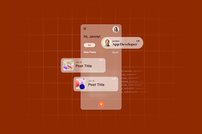 Mobile interface mockup showcasing a personalized greeting, user profile, new posts, and app navigation on a red background