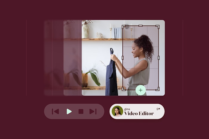 Video editing interface showing woman adjusting frame, with video controls and editor profile on maroon background