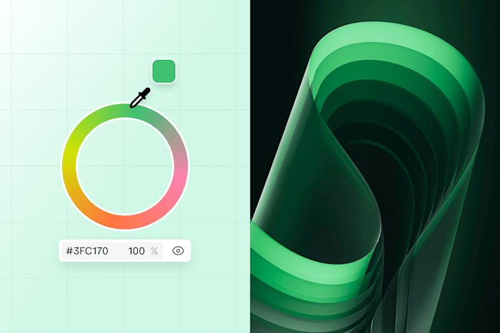 A color picker selecting green (#3FC170) alongside a smooth, layered green gradient design