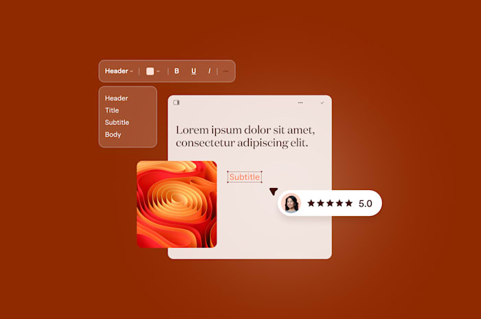 Text editor with formatting options, abstract art image, and user rating on warm brown background