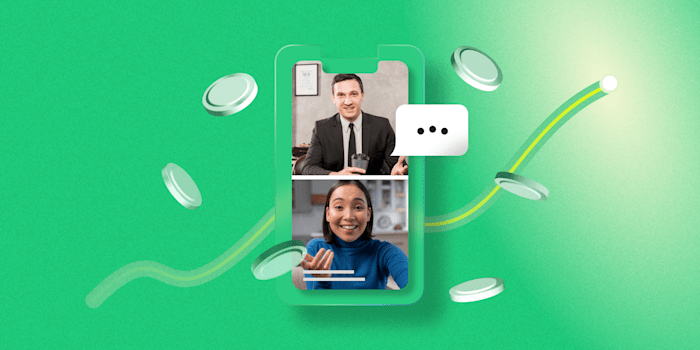 Two people on a video call displayed on a smartphone screen, with a chat bubble and floating coins on a green background