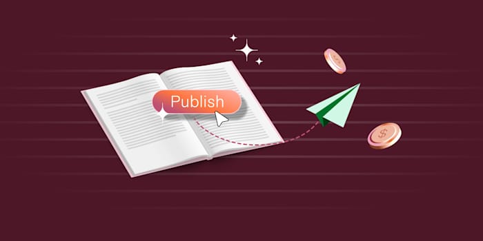 An open book with a 'Publish' button overlay, a paper airplane, and floating coins on a maroon background