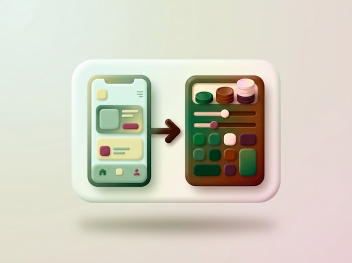 3D illustration of a mobile UI transforming into a customizable theme panel