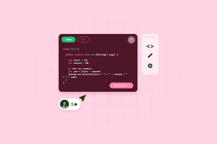 Code editor interface displaying a Java program with a 'Run Code' button, tool icons, and user profile with a 5-star rating on a pink background
