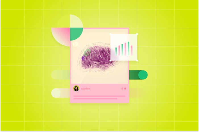 Abstract brain illustration with overlaying bar chart on vibrant geometric background