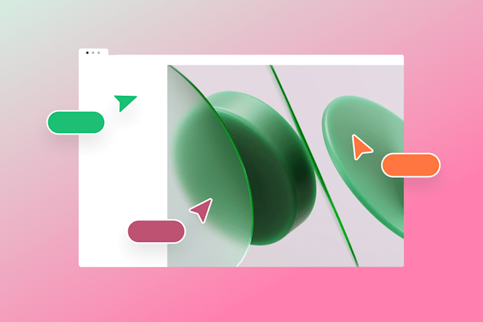 Abstract 3D green shapes in a web browser window with colorful arrows on a pink background.