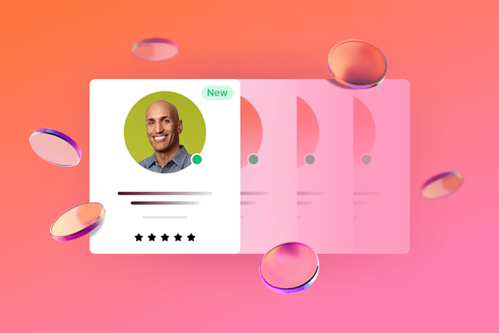 a profile card of a smiling man with a green "New" label, star rating, and text details, layered over similar pink cards with floating coins around the image