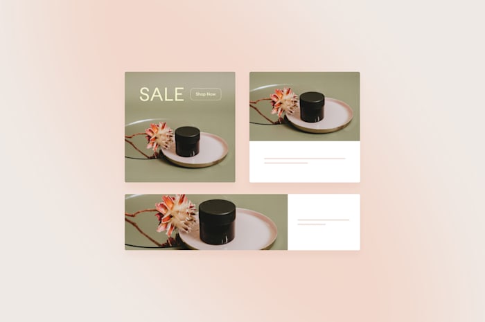 A plate with a flower and an unlabeled cream box on top of it illustrated in three different size variations