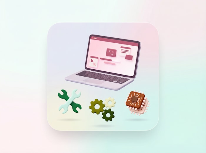 3D illustration of a laptop with system error screen, tools, gears, and a processor chip