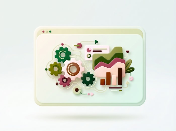 3D illustration with gears and performance charts connected in a dashboard interface