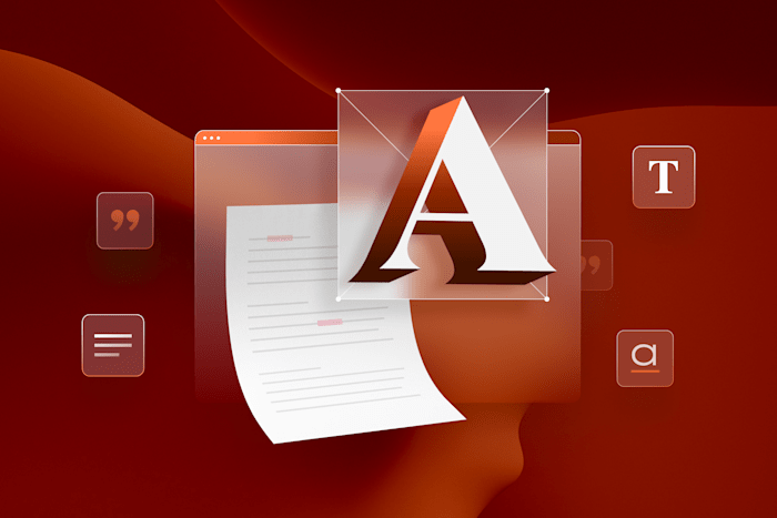 A bold, stylized letter "A" layered over a digital document with marked edits, symbolizing typography and proofreading