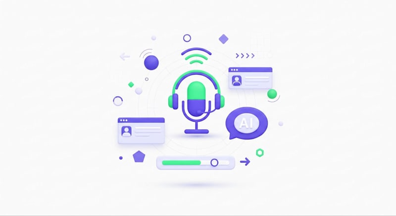 3D illustration of a microphone with headset, profile cards, AI speech bubble, and abstract icons