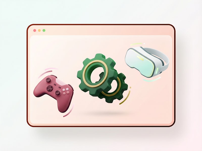 3D illustration of a game controller, gears, and a VR headset
