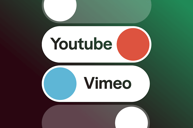 Toggle switches labeled "YouTube" and "Vimeo" with red and blue indicators.