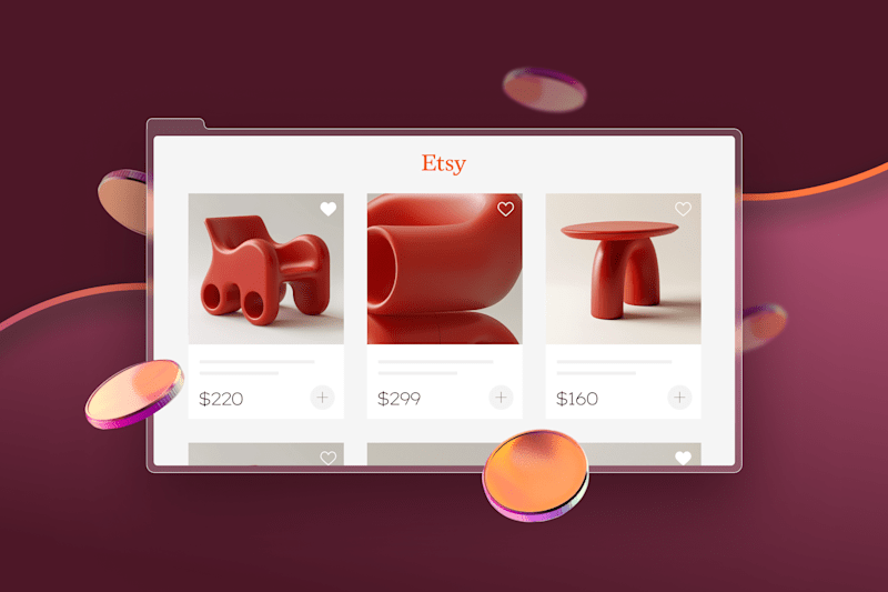 Illustrated Etsy storefront featuring red sculptural furniture pieces.