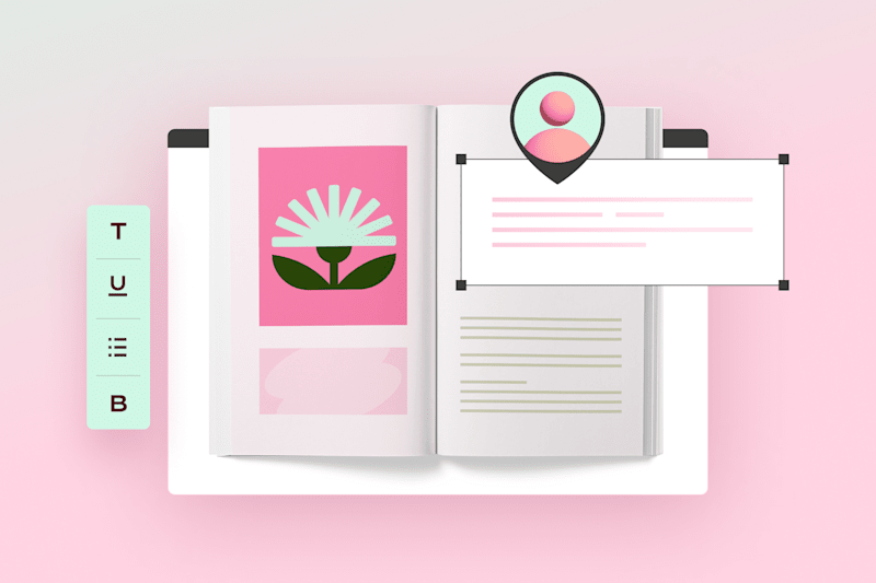 An open book with a flower graphic, a text box, and a profile icon on a pink background. Simple and creative
