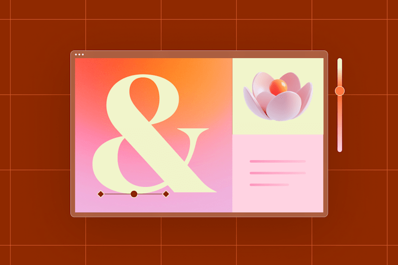 A sleek interface with a large ampersand, a 3D flower, and a text section, featuring a side slider