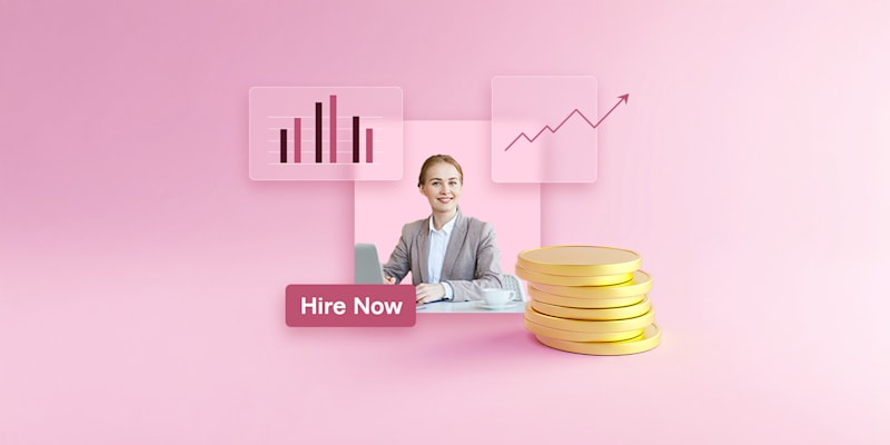 Business woman with bar and line graphs, gold coins, and Hire Now button on a pink background