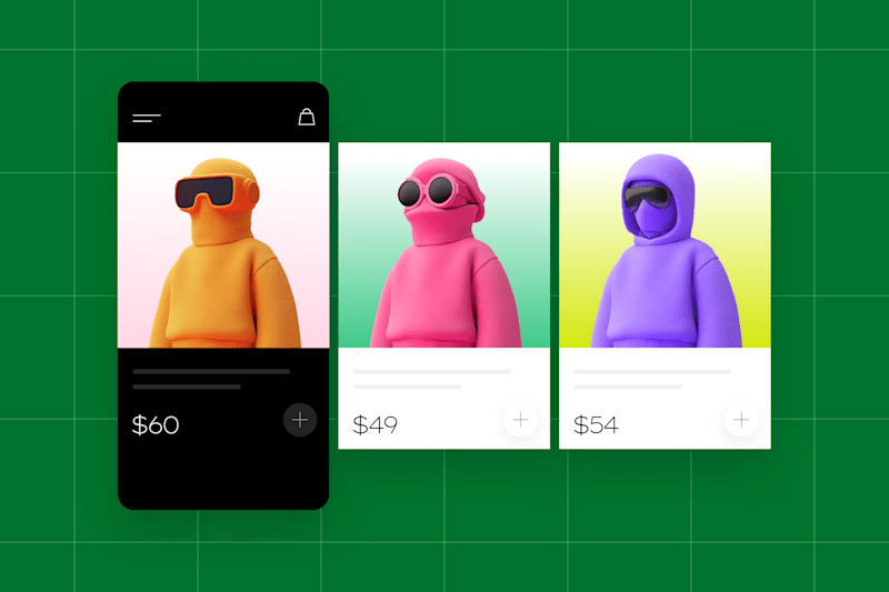 illustrated avatars in colorful hoodies displayed as products with prices on a green grid background