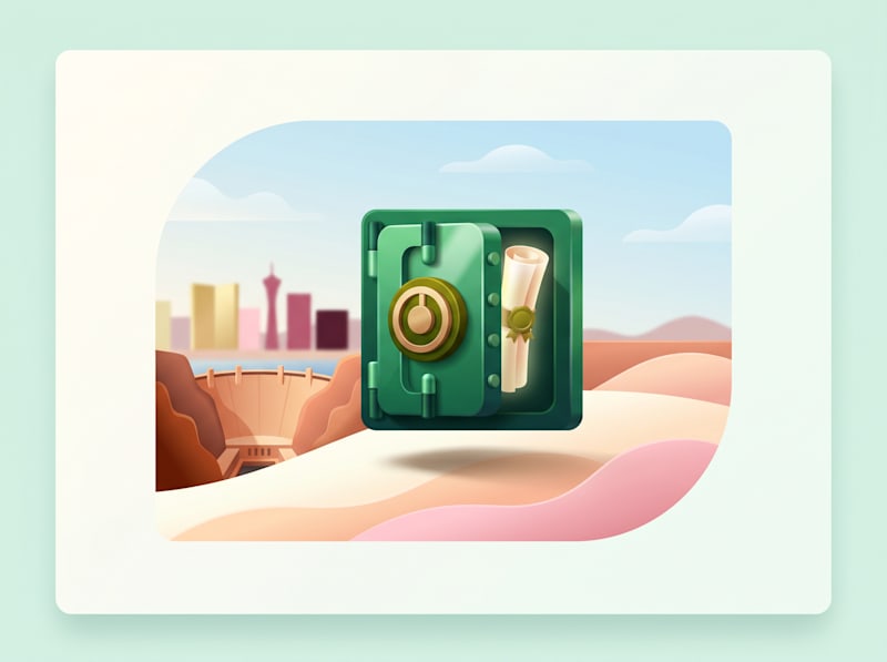 3D open safe with a sealed scroll, set against a Nevada desert and Las Vegas skyline