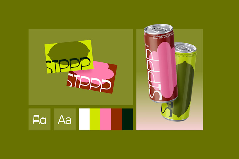 Colorful branding mockup with two drink cans, logo variations, font samples, and a five-color palette