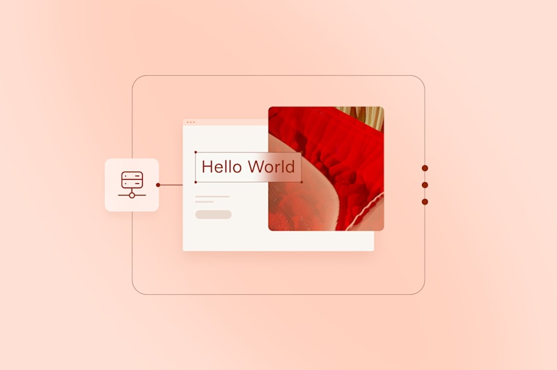 Minimalist graphic showing a server icon connected to a browser window with the text "Hello World" and an abstract red image overlay