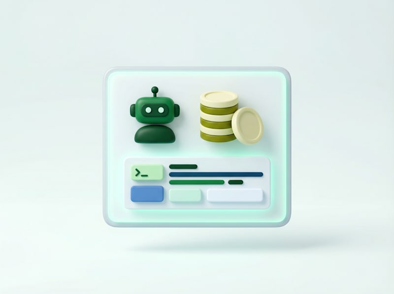 3D illustration of a robot icon, stacked database disks, and a code interface panel