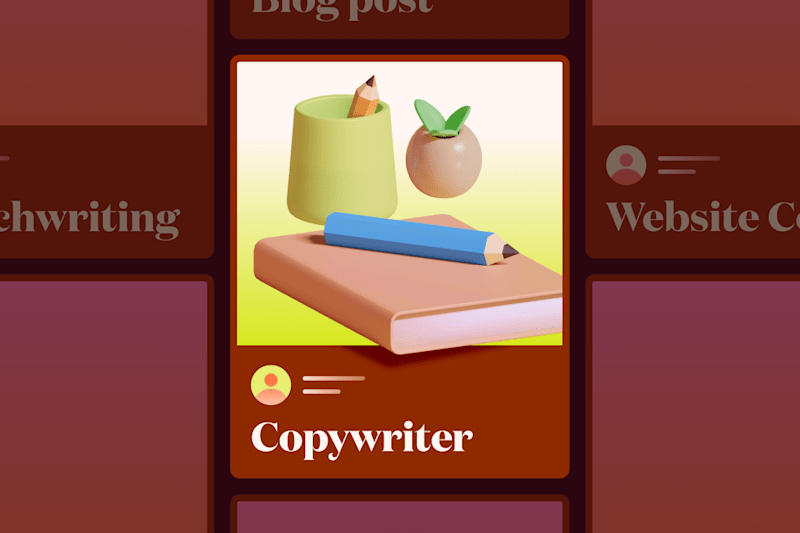 3D illustration of copywriting tools with a book, pencil, and cup on a warm gradient background