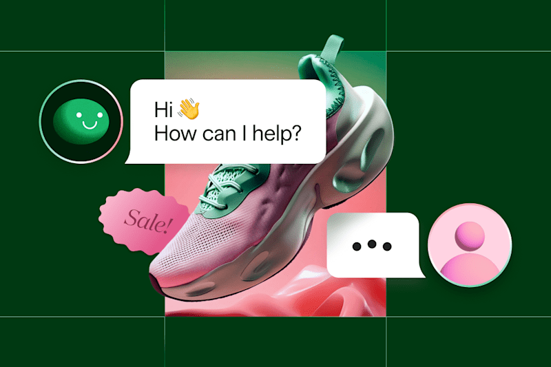 Stylized image of a pink and green sneaker with floating chat bubbles, a 'Sale' tag, and a smiling green support icon on a green background
