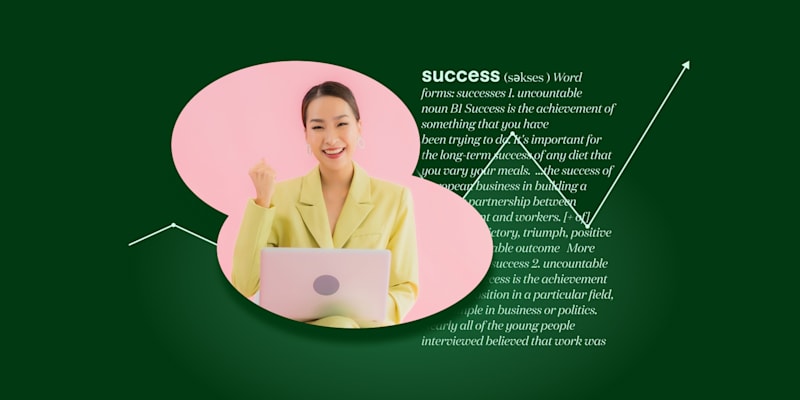 Smiling woman in a yellow blazer with a laptop, overlaid with 'success' definition and an upward arrow on a green background