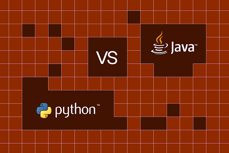 Python vs Java comparison graphic on a red grid background