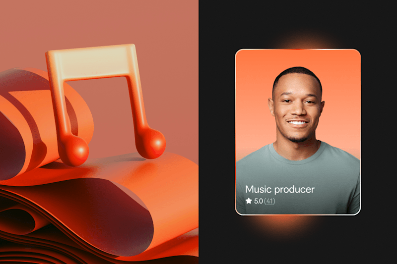 3D music note and abstract shapes on the left, with a profile card of a music producer on the right