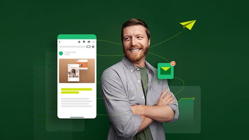 A guy crossing his hands smiling looking sideways with an email icon and pop up on a green background