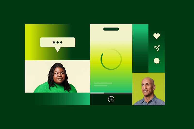 Collage of diverse people, chat icons, and a mobile interface in green tones.