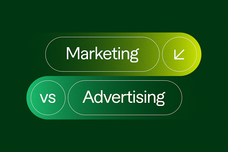 Stylized comparison of marketing vs advertising with gradient green buttons on a dark green background