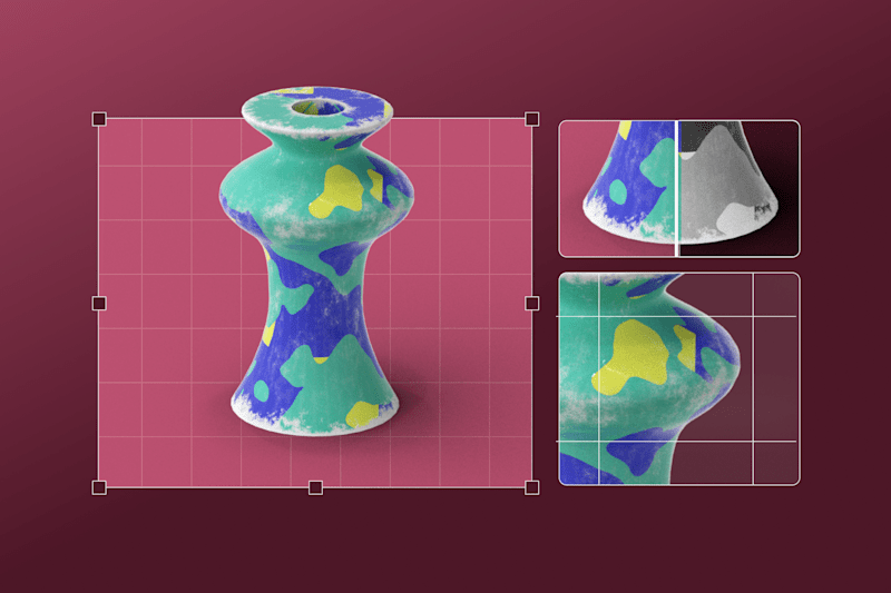 Colorful abstract vase with editing grids and zoomed-in details on a maroon background.