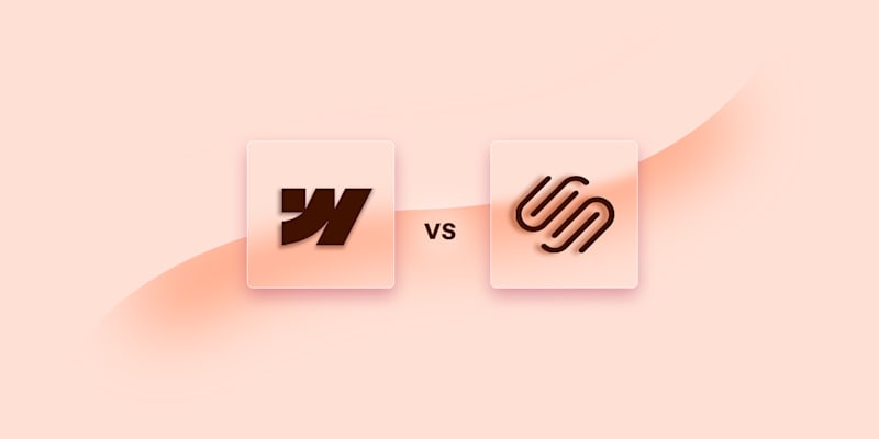 A simple comparison graphic showcasing the Webflow and Squarespace logos side by side on a soft peach background, emphasizing a head-to-head evaluation of the two platforms