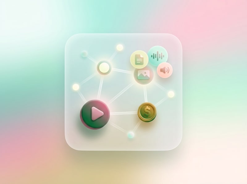 3D illustration of connected media content with a play button and dollar coin