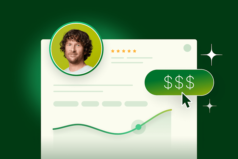 A freelancer profile with star ratings, pricing, and a performance graph