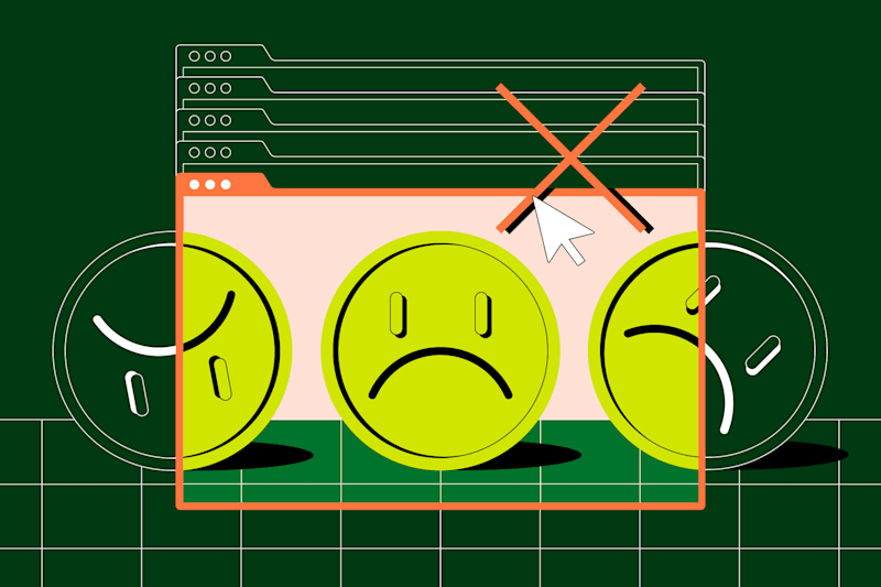 Common Web Design Mistakes: Unhappy face icons on a browser window with a crossed-out tab