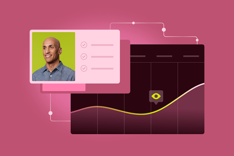 A smiling person profile with checkmarks and a performance graph showing progress.