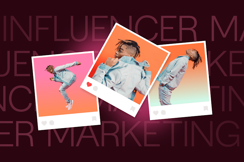 Polaroid-style influencer photos on bright, colorful backgrounds.