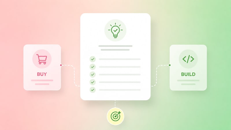 Build vs buy decision framework showing strategy, planning, and business goals.