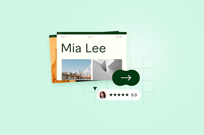 Profile page mockup for 'Mia Lee' with a cityscape image, a rating badge, and an arrow button on a green background.