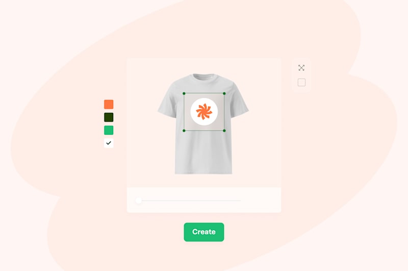 T-shirt design tool interface with color options, design placement, and Create button