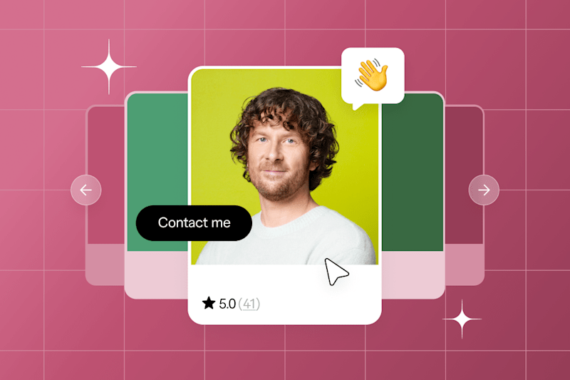 Profile card of a person with a 'Contact me' button, star rating, and waving hand emoji on a colorful background