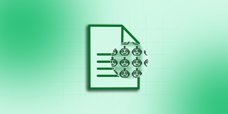 Illustration of a document icon with a magnified section showing robot icons on a green gradient background
