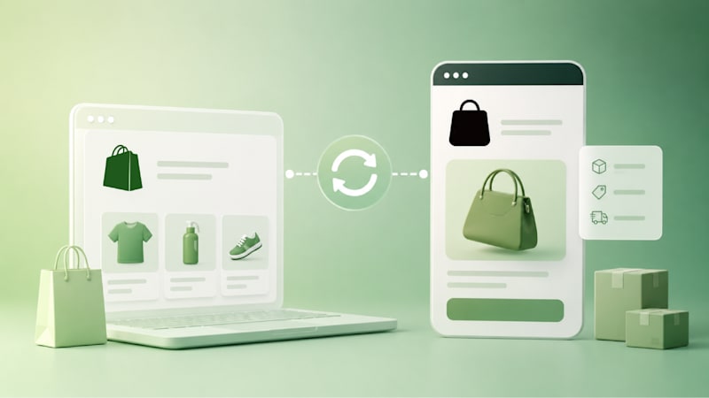 Illustration of a Shopify store syncing products and inventory with a mobile social commerce storefront.
