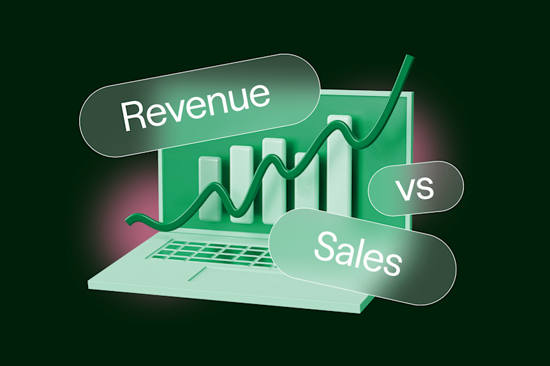 3D laptop illustration with bar and line graphs and floating “Revenue vs Sales” labels on dark green background