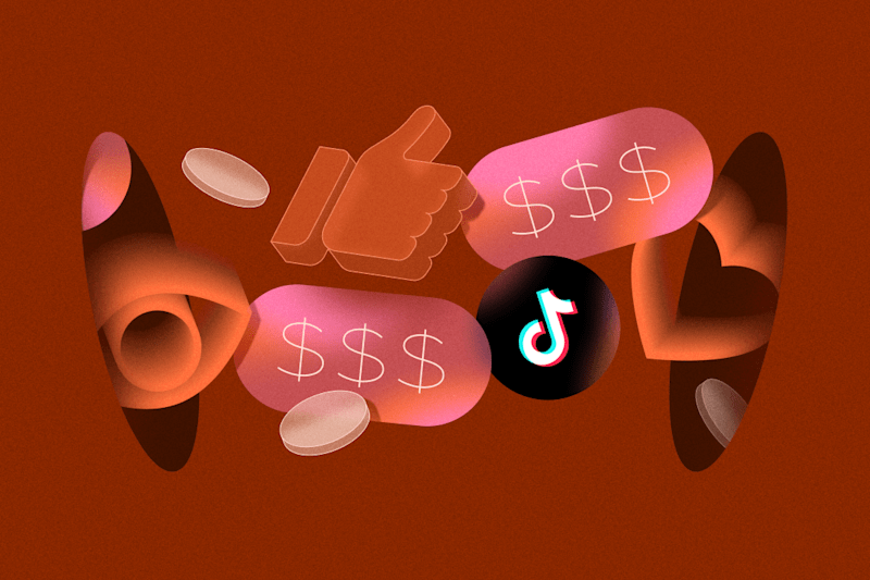 Abstract illustration featuring TikTok's logo, dollar signs, coins, and social media icons on a red background, representing TikTok's payment and monetization system